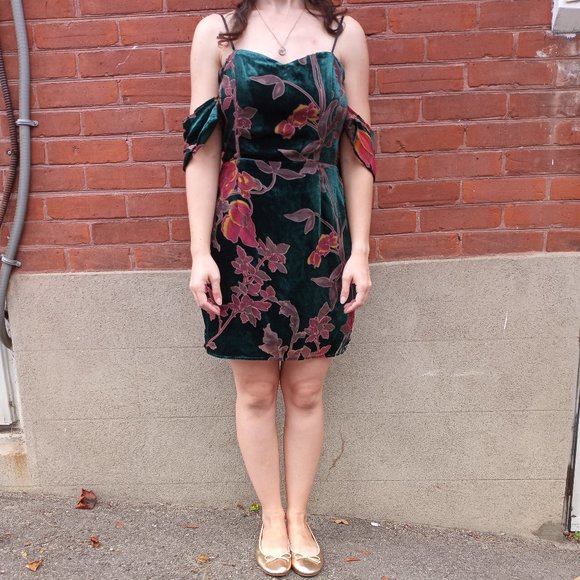 Green Velvet Fall/Winter Off Shoulder Dress - Picture 1 of 3